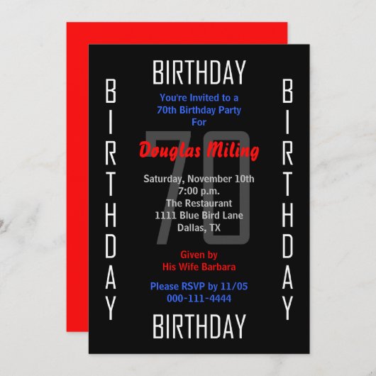 70e Uitnodiging voor verjaardagsfeestje 70 (Voorkant / Achterkant)