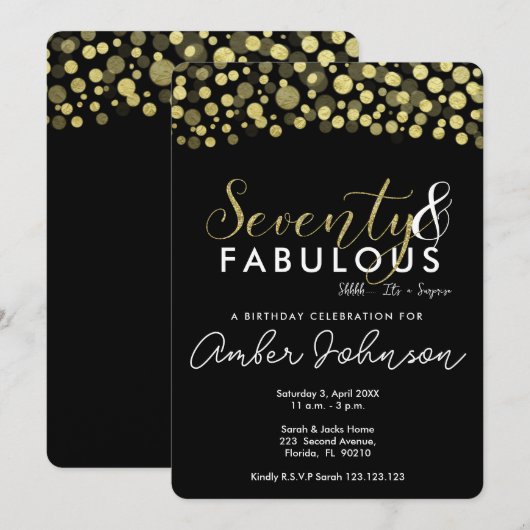 70e uitnodiging voor verjaardagsfeestje, zwart en  (Voorkant / Achterkant)