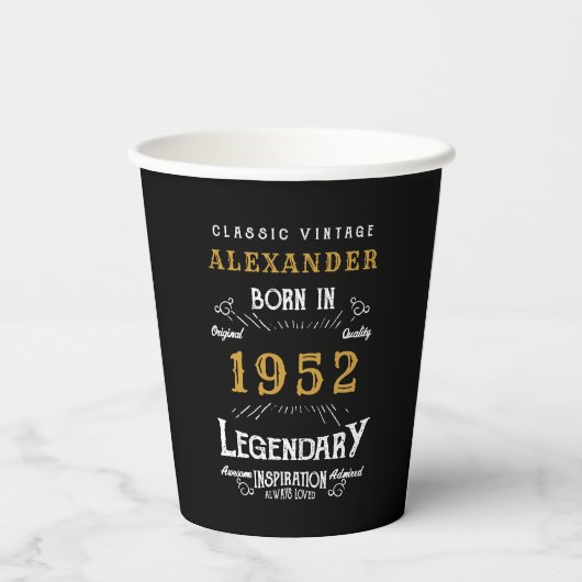 70e verjaardag 1952 Black Gold Add Name Retro Papieren Bekers (Achterkant)