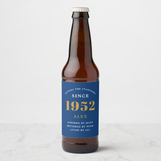 70e verjaardag 1952 Blue Gold Elegant Chic Bier Etiket (Voorkant)
