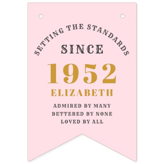 70e verjaardag 1952 Roze goudnaam Chic Elegant Vlaggetjes (Eerste vlag)