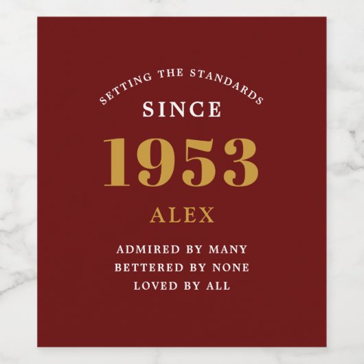 70e verjaardag 1953 Red Gold Elegant Chic Wijn Etiket (Enkel label)