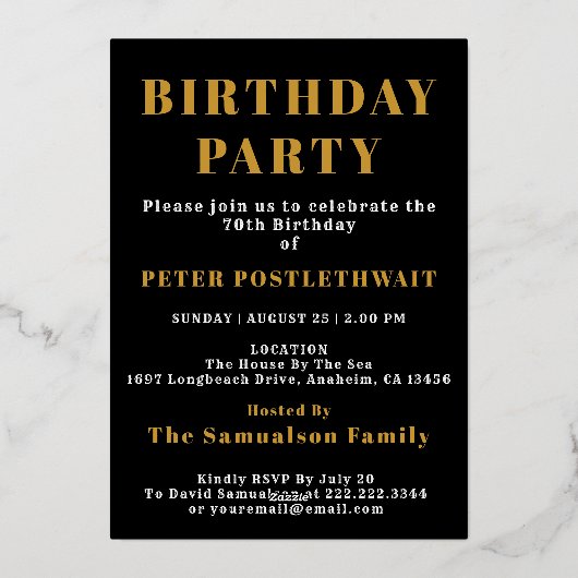 70e verjaardag 1954 zwart goud gepersonaliseerd vo folie uitnodiging (Achterkant)