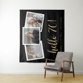 70e Verjaardag 3-Foto Gold Script Cheers Zwart Wandkleed (In situ)