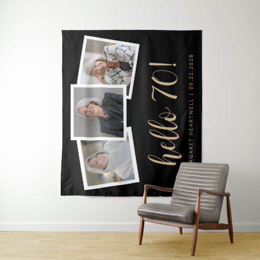 70e Verjaardag 3-Foto Gold Script Cheers Zwart Wandkleed (In situ)