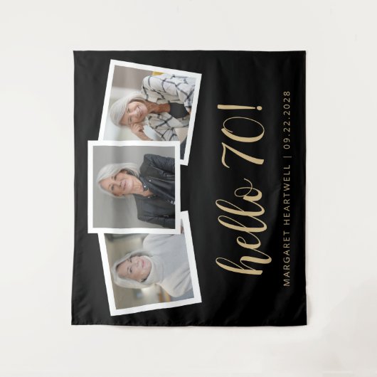 70e Verjaardag 3-Foto Gold Script Cheers Zwart Wandkleed (Voorkant)