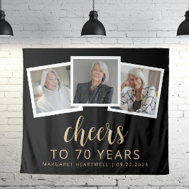 70e Verjaardag 3-Foto Gold Script Cheers Zwart Wandkleed