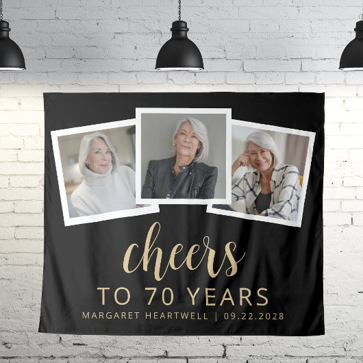 70e Verjaardag 3-Foto Gold Script Cheers Zwart Wandkleed