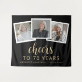 70e Verjaardag 3-Foto Gold Script Cheers Zwart Wandkleed (Voorkant (horizontaal))
