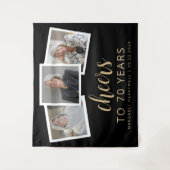 70e Verjaardag 3-Foto Gold Script Cheers Zwart Wandkleed (Voorkant)