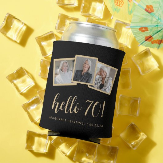 70e Verjaardag 3-Foto Zwart Goud Script Cheers Blikjeskoeler (Insitu Zomer)