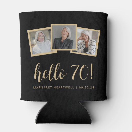 70e Verjaardag 3-Foto Zwart Goud Script Cheers Blikjeskoeler (Achterkant)