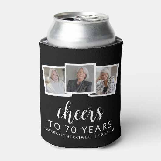70e verjaardag 3-foto zwart wit script juichen blikjeskoeler (Blikje Voorkant)