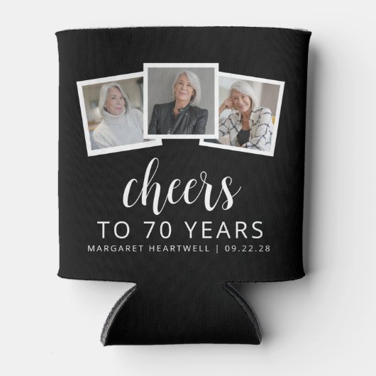 70e verjaardag 3-foto zwart wit script juichen blikjeskoeler (Voorkant)
