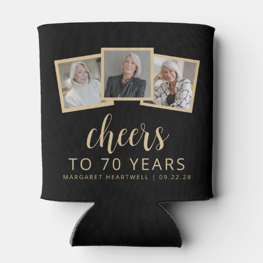 70e verjaardag 3-foto zwart wit script juichen blikjeskoeler (Achterkant)