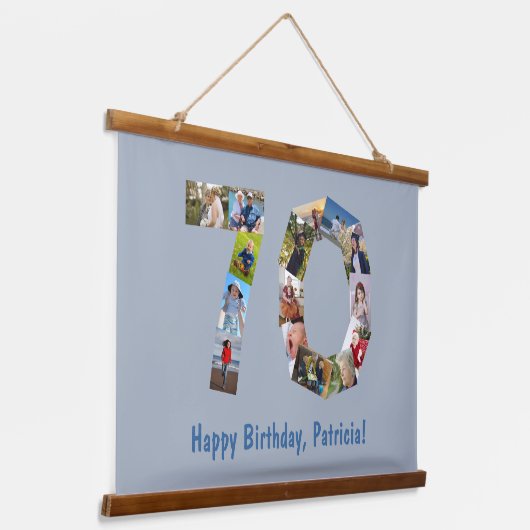 70e verjaardag 70 Aantal foto Collage Blue Hangend Wandkleed (Gebogen)