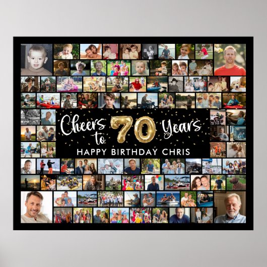 70e verjaardag 92 foto's zwart goud hoera voor jar poster (Voorkant)