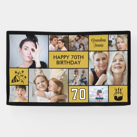 70e verjaardag aangepaste foto collage zwart goud spandoek (Horizontaal)