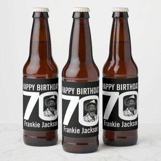70e verjaardag aangepaste foto naam zwart wit bier etiket (Flessen)