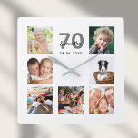 70e verjaardag aangepaste fotocollage familie vierkante klok<br><div class="desc">Een muurklok als cadeau voor een 70e verjaardag voor een vrouw,  die haar leven viert met een collage van 7 van je foto's. Pas een naam,  leeftijd 70 en een datum aan en voeg deze toe. Geboortedatum of -datum. Zwarte en grijze gekleurde letters. Een witte achtergrond.</div>