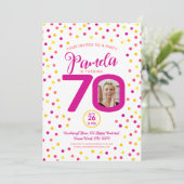 70e verjaardag aangepaste foto's roze geel confett kaart (Staand voorkant)