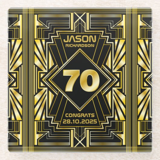 70e verjaardag Art Deco Gold Black Grote Gatsby Glazen Onderzetter (Voorkant)