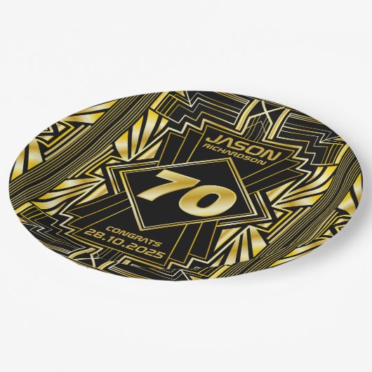 70e verjaardag Art Deco Gold Black Grote Gatsby Papieren Bordje (Gekanteld)