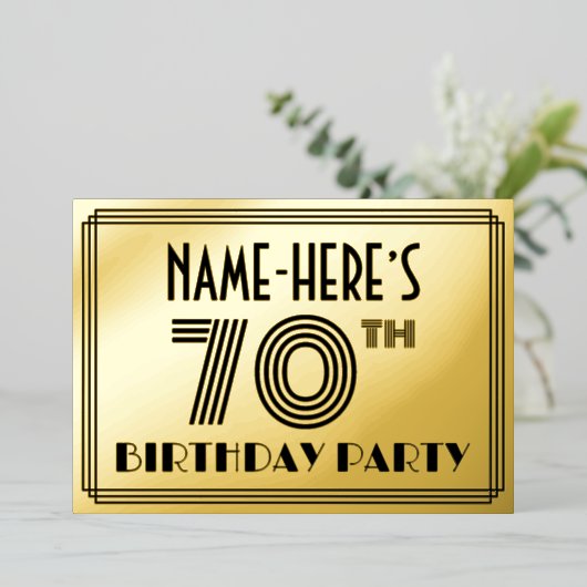 70e verjaardag — Art Deco Style "70" en naam Folie Uitnodiging (Staand Voorkant)