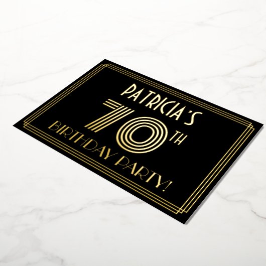 70e verjaardag — Art Deco Style "70" + Naam Folie Uitnodiging (Gedraaid)