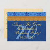70e verjaardag Bewaar de datum Blauw en Goud Kant Aankondigingskaart (Voorkant / Achterkant)