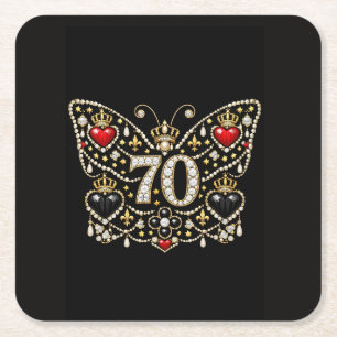 70e verjaardag bezet met diamanten vlinder kartonnen onderzetters
