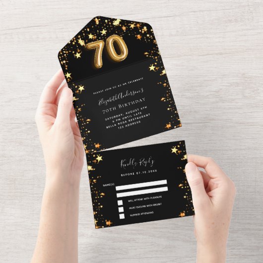 70e verjaardag Black Gold Stars RSVP All In One Uitnodiging (Afscheurbaar)
