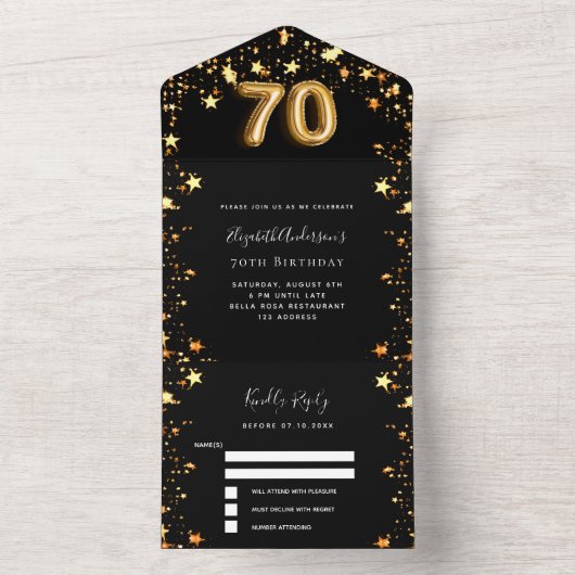 70e verjaardag Black Gold Stars RSVP All In One Uitnodiging (Binnen)