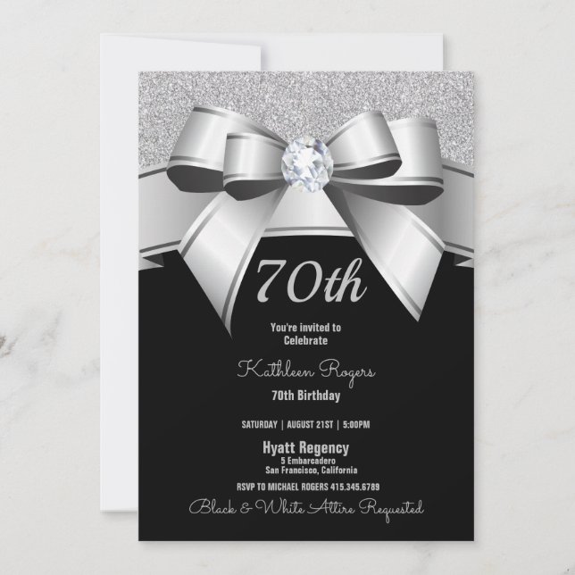 70e verjaardag: Black & Silver Glitter Invite (Voorkant)