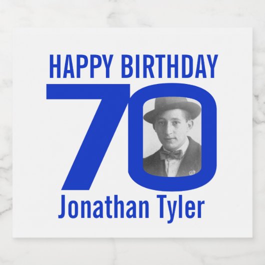 70e verjaardag blauw aangepaste foto naam label bier etiket (Enkel label)