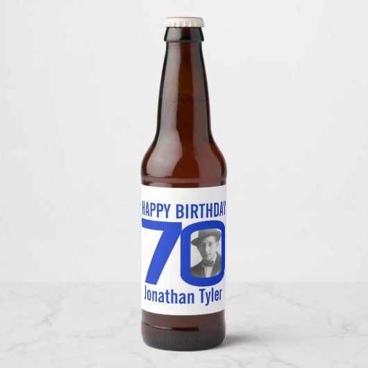 70e verjaardag blauw aangepaste foto naam label bier etiket (Voorkant)