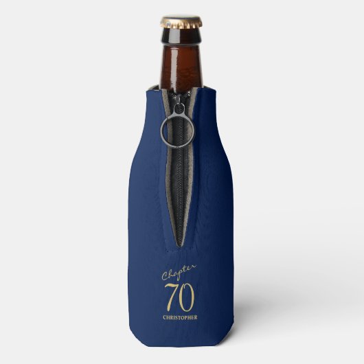 70e verjaardag blauw goud flesjeskoeler (Fles Achterkant)