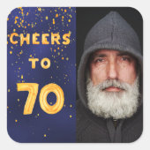 70e verjaardag blauw goud foto juichen vierkante sticker (Voorkant)