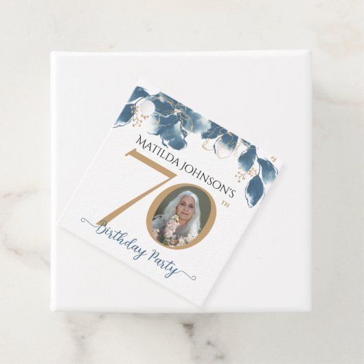 70e verjaardag Blauw Goud Moderne Bloemen Aangepas Bedankjes Labels (In situ)