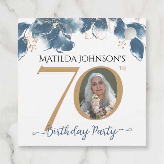 70e verjaardag Blauw Goud Moderne Bloemen Aangepas Bedankjes Labels (Achterkant)