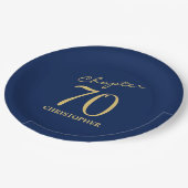 70e verjaardag blauw goud papieren bordje (Gekanteld)