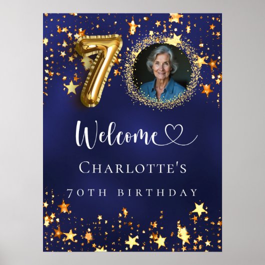 70e Verjaardag blauw goud sterren foto welkom Poster (Voorkant)
