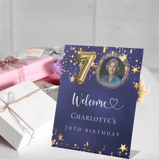 70e Verjaardag blauw goud sterren foto welkom Reclamebord Met Voetstuk