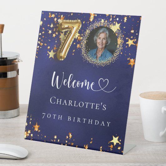 70e Verjaardag blauw goud sterren foto welkom Reclamebord Met Voetstuk (Insitu)