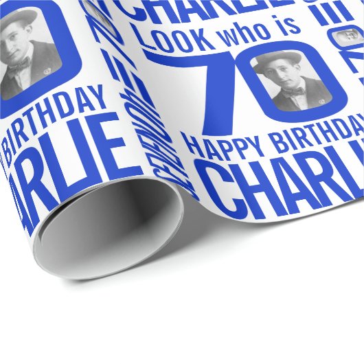 70e verjaardag blauw kijk 70 douanefoto en naam cadeaupapier (Rol Hoek)