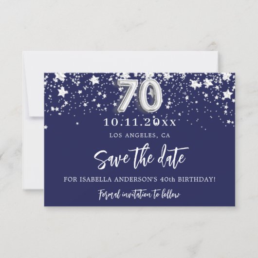 70e verjaardag: blauw zilver met de datumkaart save the date (Voorkant)