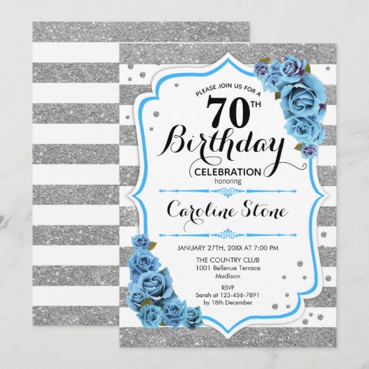 70e verjaardag - Blauw Zilver Wit Strepen Kaart (Voorkant / Achterkant)