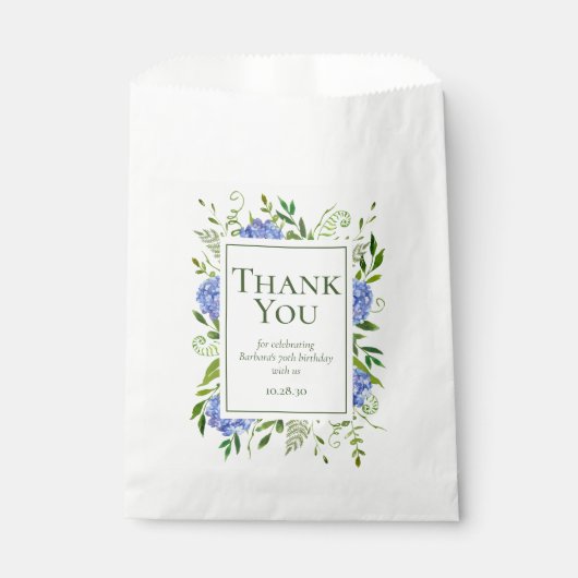 70e verjaardag blauwe hortensia's dank u bedankzakje (Voorkant)