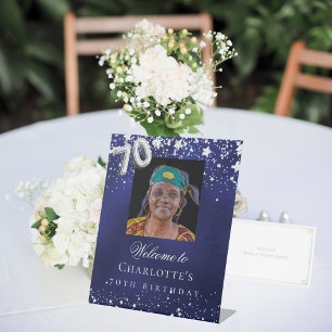70e verjaardag blauwe zilveren sterren foto welkom reclamebord met voetstuk