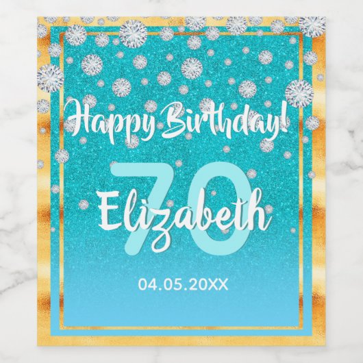 70e verjaardag blauwgroen blauwe glitter diamanten wijn etiket (Enkel label)